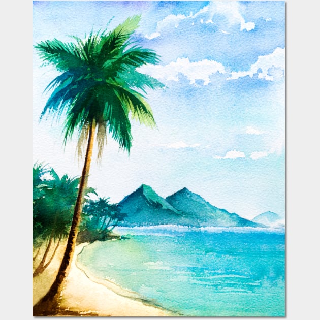 Watercolor tropical beach scene with palm trees - Beach